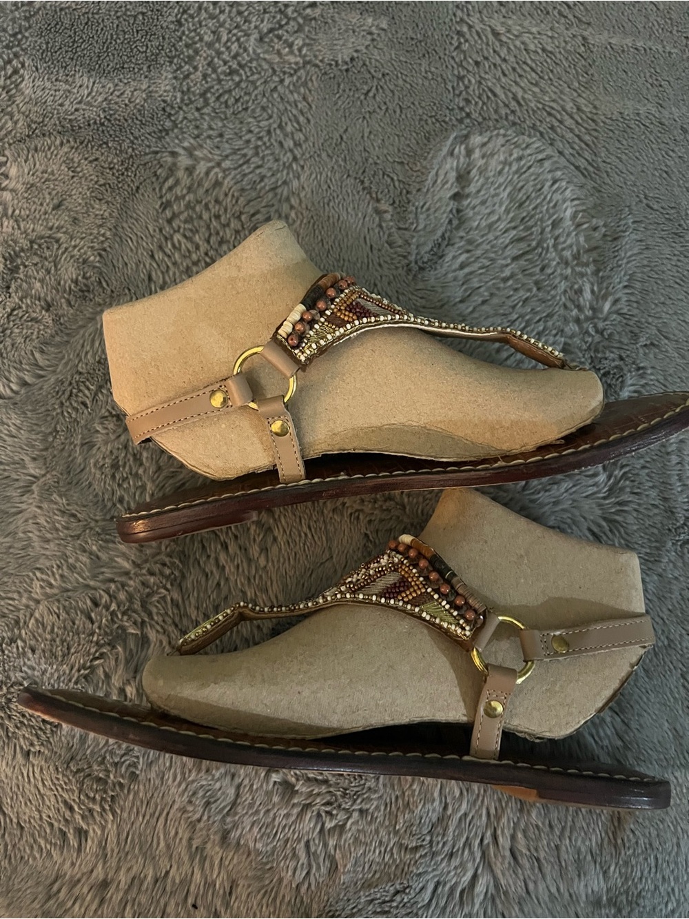 Sam Edelman Beaded T-Strap Brown Sandals with Metallic Accents - Picture 4 of 7